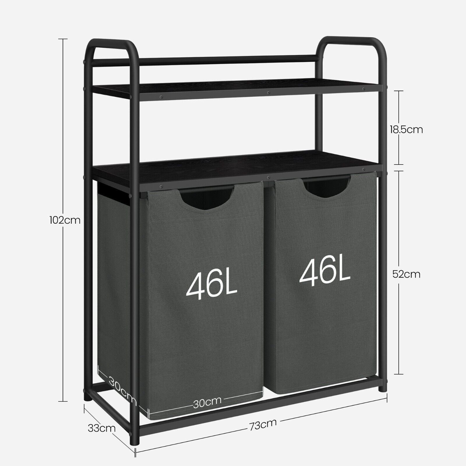 Wäschekorb Wäschesammler Wäschesortierer Wäschesack 2 Fächer Ablage 2 Taschen Schwarz – Bild 2