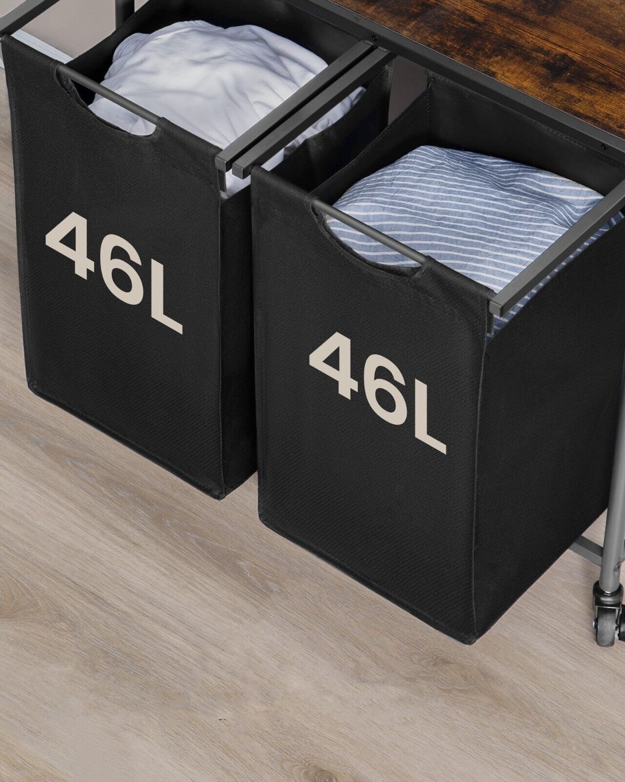 Wäschekorb Wäschesammler Wäschesortierer Wäschesack 2 Fächer Ablage 2 Taschen Schwarz – Bild 6