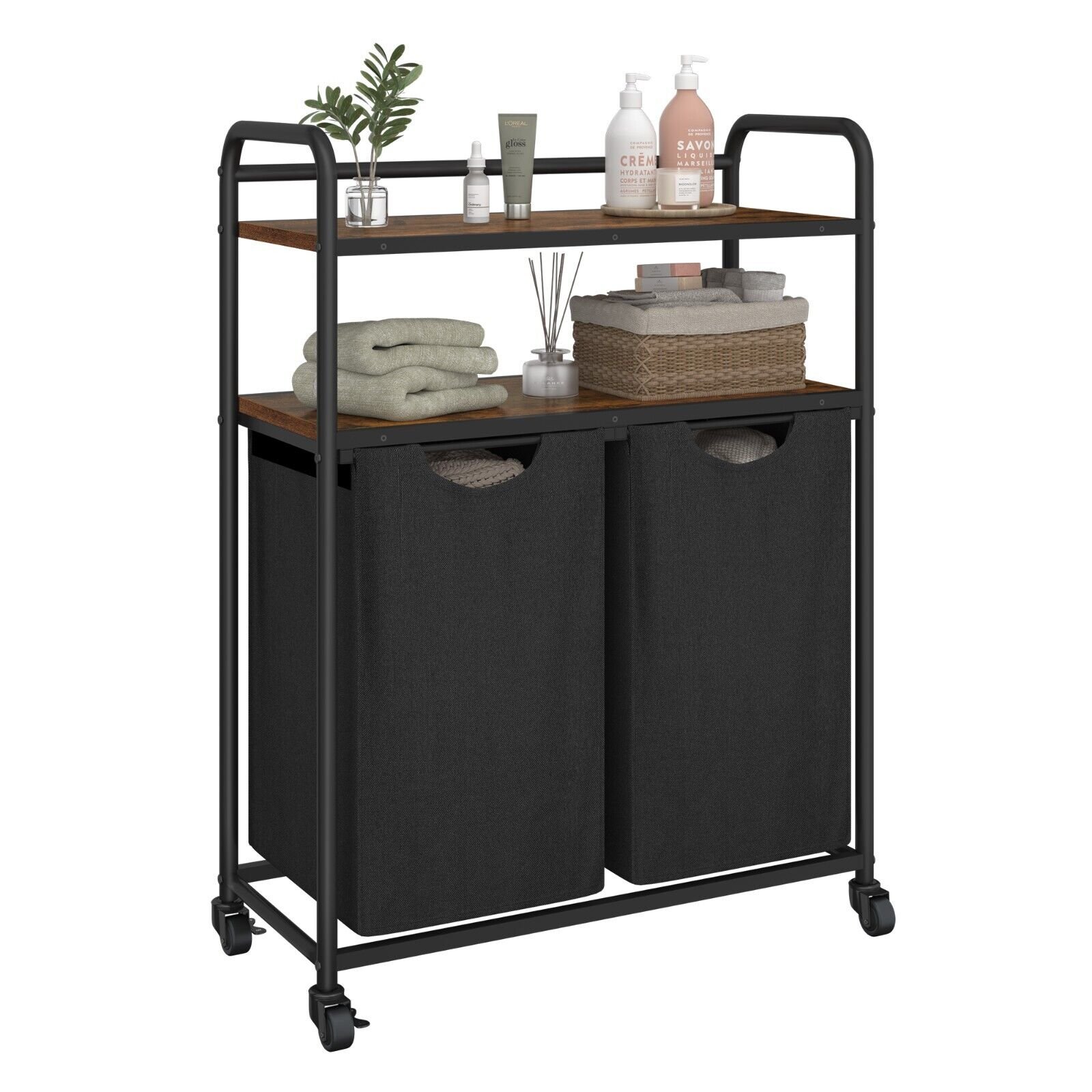 Wäschekorb Wäschesammler Wäschesortierer Wäschesack 2 Fächer Ablage 2 Taschen Schwarz