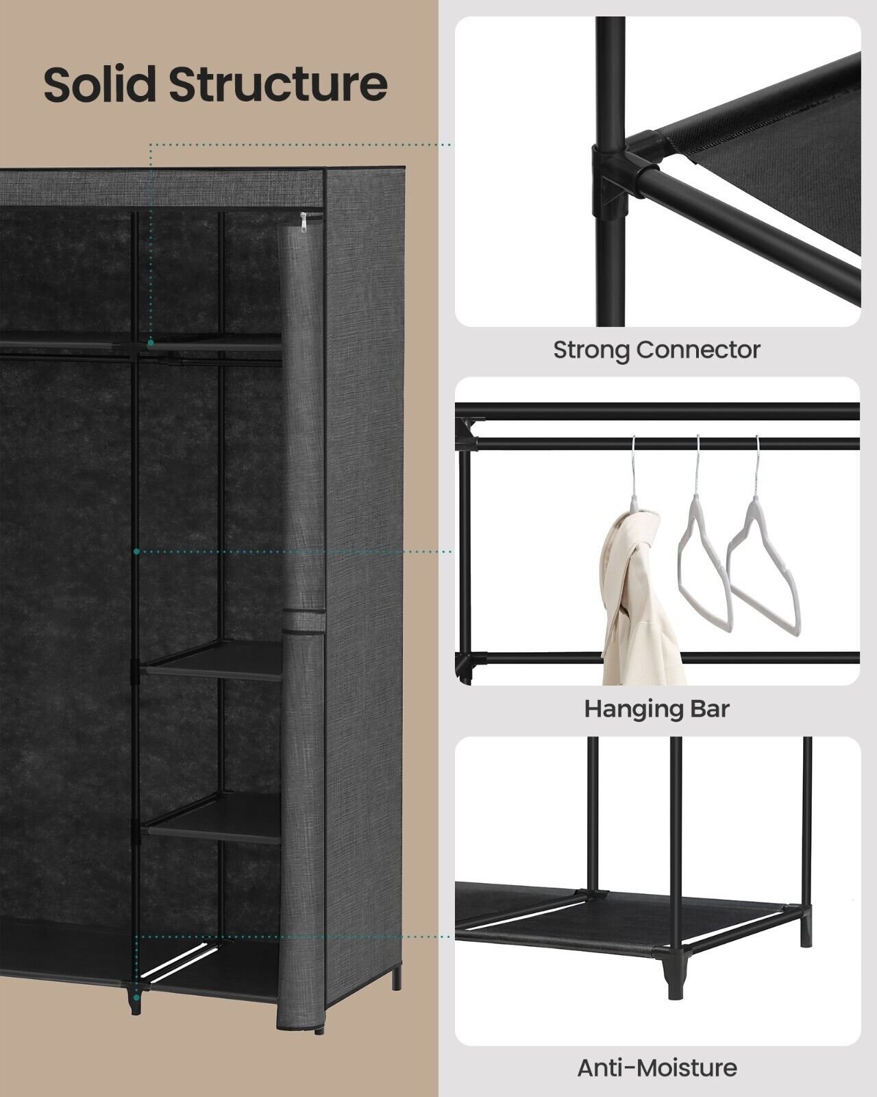 Kleiderschrank für Schlafzimmer Ankleidezimmer Stoffschrank Kinderzimmer Schwarz – Bild 6